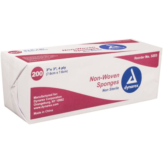 Dynarex non-woven gauze sponges, 3x3 inches, 4-ply, non-sterile first aid supplies with sterile packing for wound care.