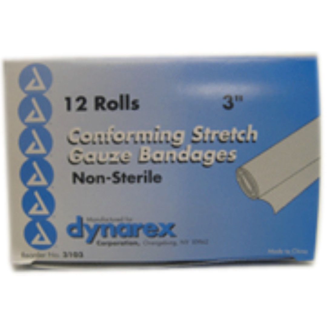 Dynarex non-sterile conforming stretch gauze bandages for wound care, shown in a first aid kit for reliable wound management.