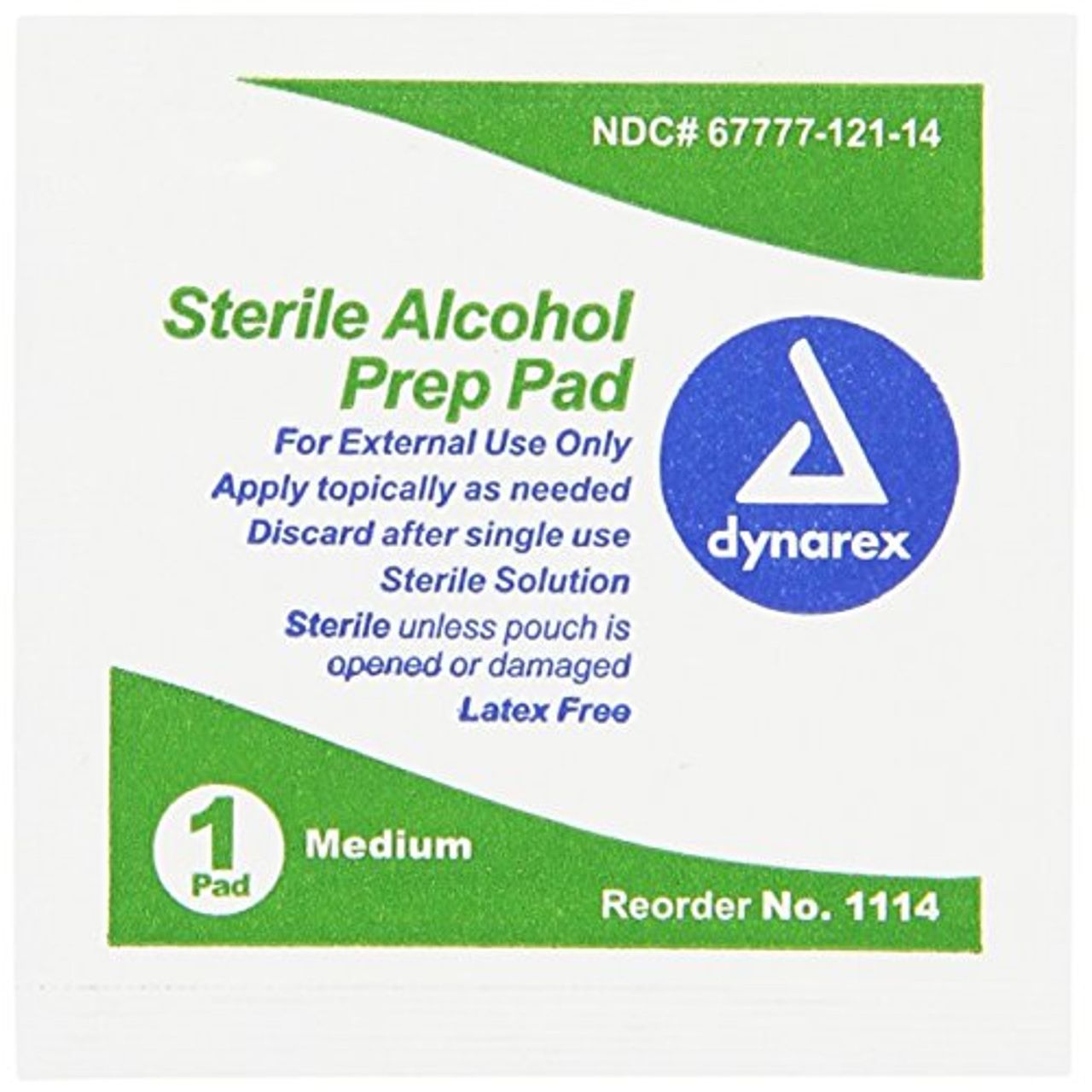 Sterile alcohol prep pads by Dynarex, medium size 20 X, used for disinfecting skin before injections or first aid procedures.