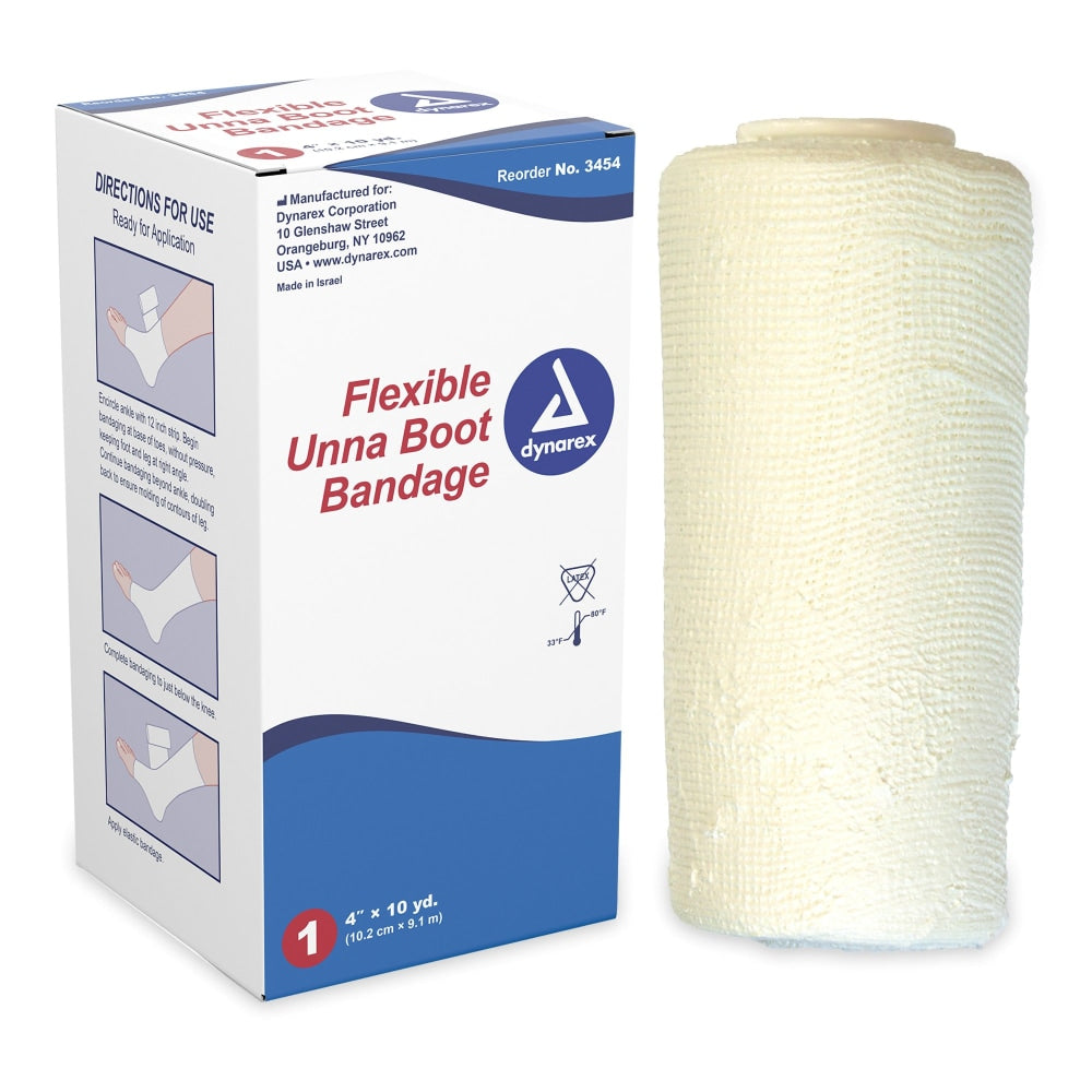 Dynarex Unna Boot flexible non-sterile bandage, 4-inch by 10-yard, used for wound support and compression in first aid care.