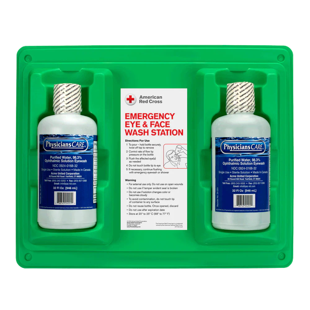 Emergency eyewash station with dual 32 oz bottles, first aid kit from Pasteur Pharmacy for eye safety and emergency use.