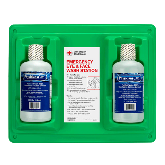 Emergency eyewash station with dual 32 oz bottles, first aid kit from Pasteur Pharmacy for eye safety and emergency use.