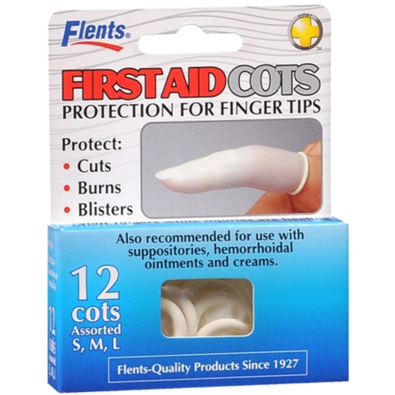 Flent's First Aid Cots for finger tip protection, displayed on a white background, designed for quick and effective first aid care.