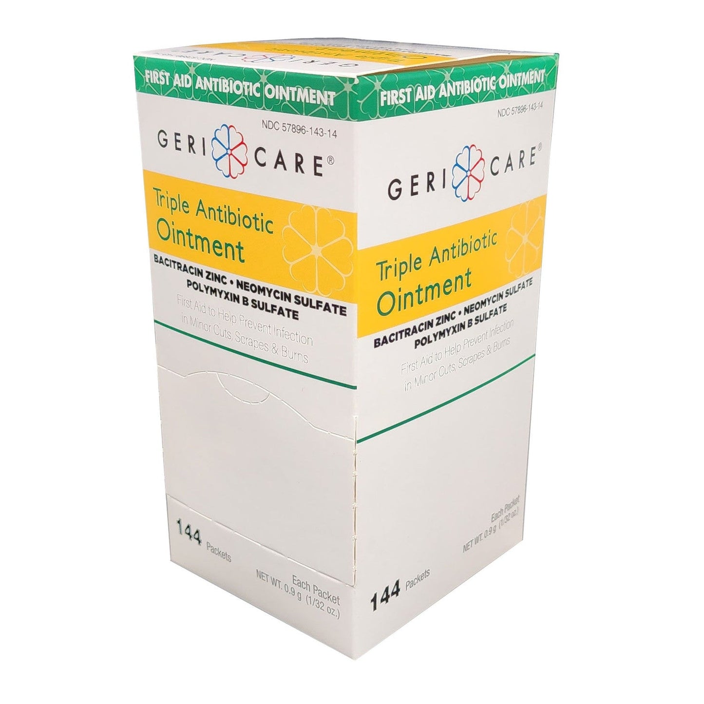 Geri-Care Triple Antibiotic Ointment for first aid, in a tube with a white and green label, used to treat minor cuts and wounds.