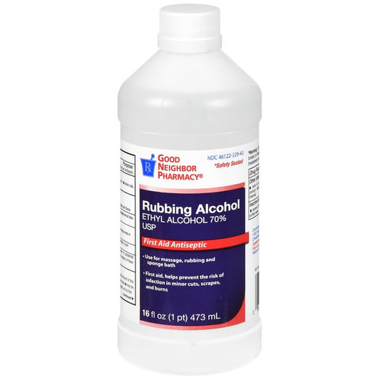 Pasteur Pharmacy GNP 70% Ethyl Rubbing Alcohol USP in a 16 fl oz bottle, used as a first aid antiseptic and topical antimicrobial.
