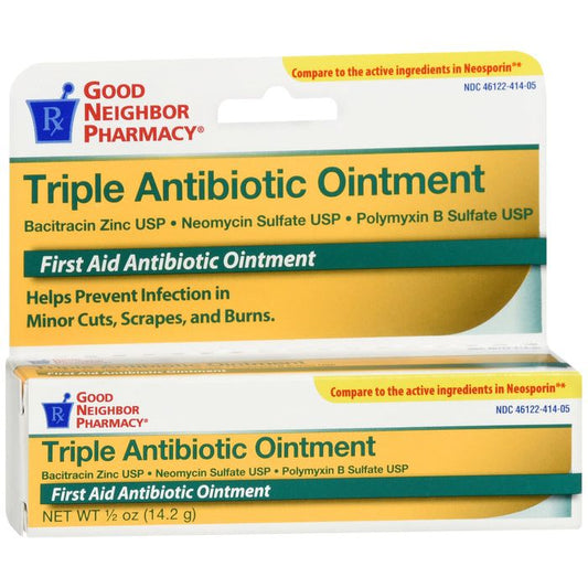 Good Neighbor Pharmacy Triple Antibiotic Ointment 0.5oz in a small tube, used for first aid wound care.