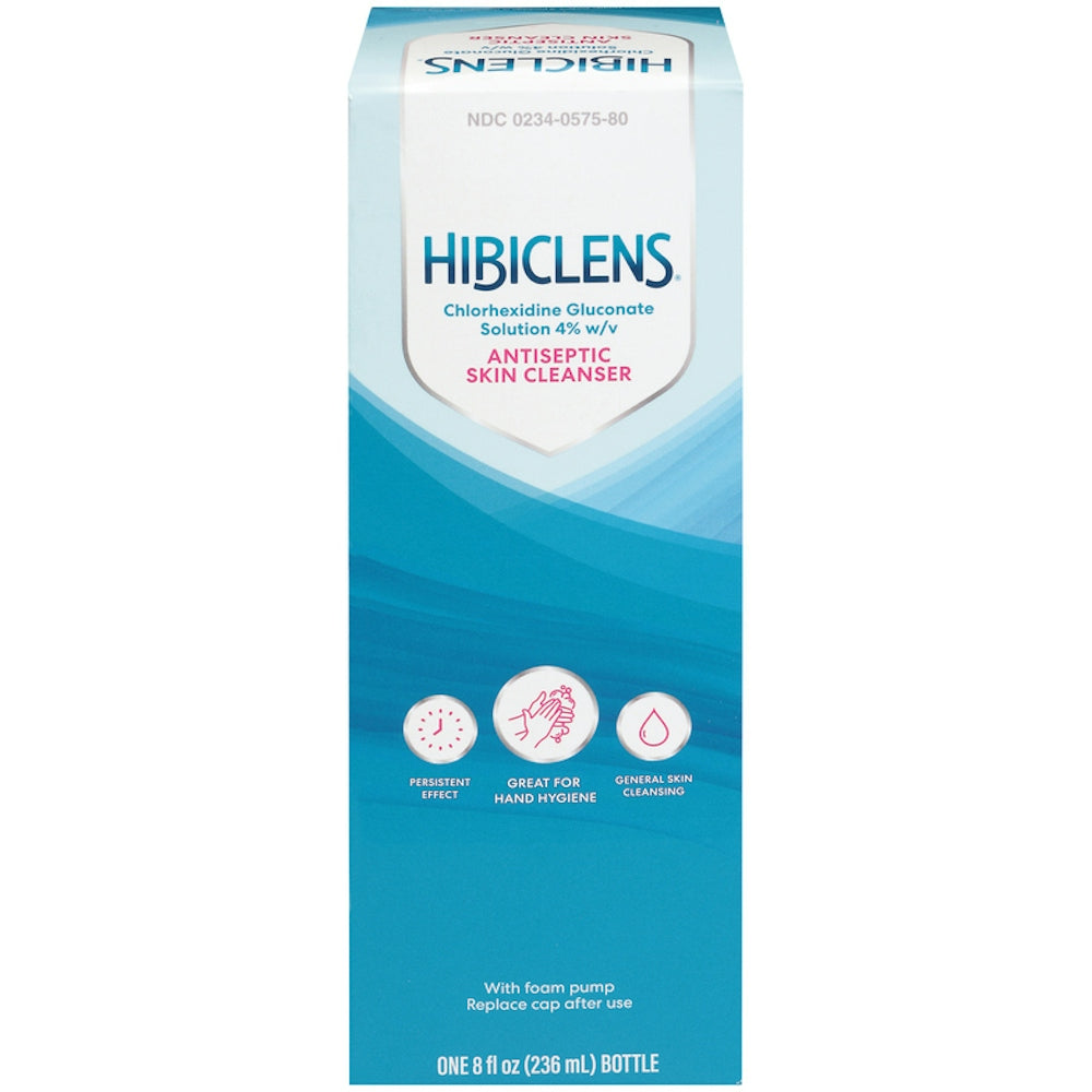 Hibiclens antiseptic skin cleanser with built-in pump, 8 fl oz, first aid product, clear bottle with label and pump dispenser.