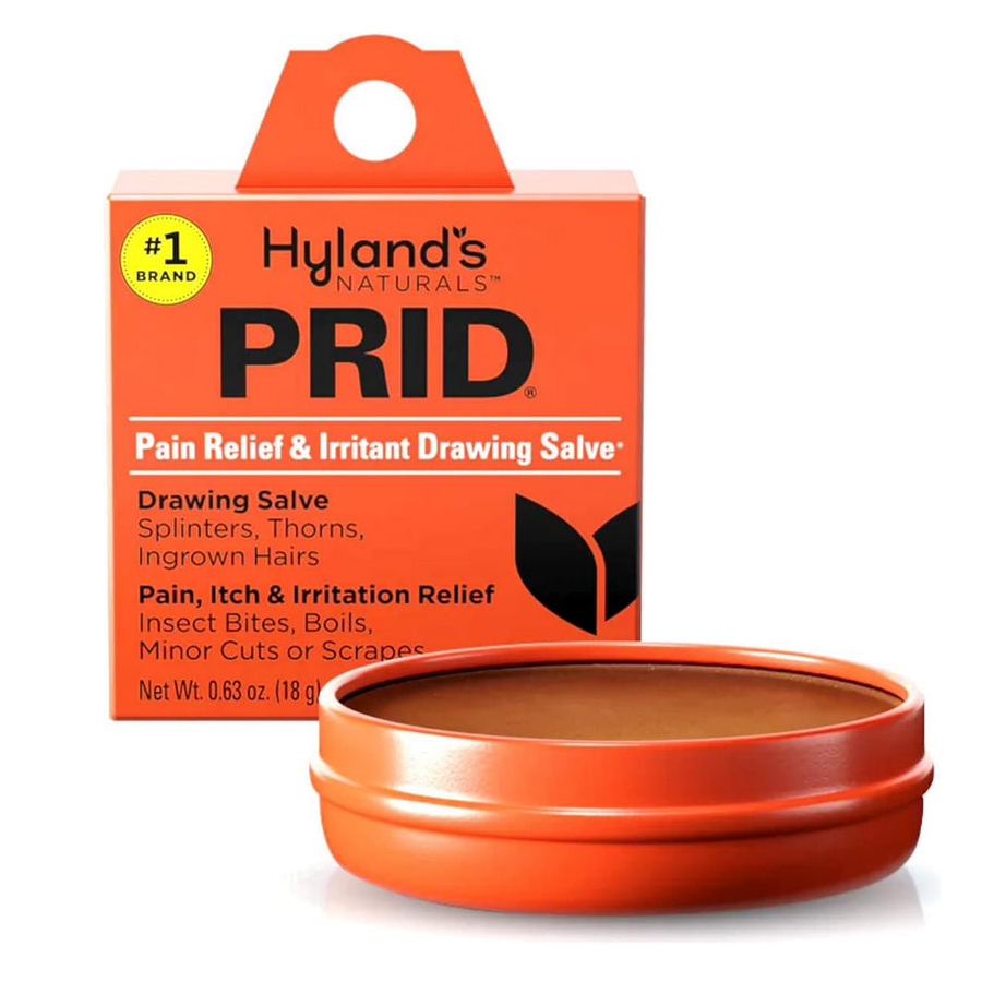 Hyland's Naturals PRID Pain Relief & Irritant Drawing Salve in a first aid ointment jar, used for pain relief and drawing out irritants