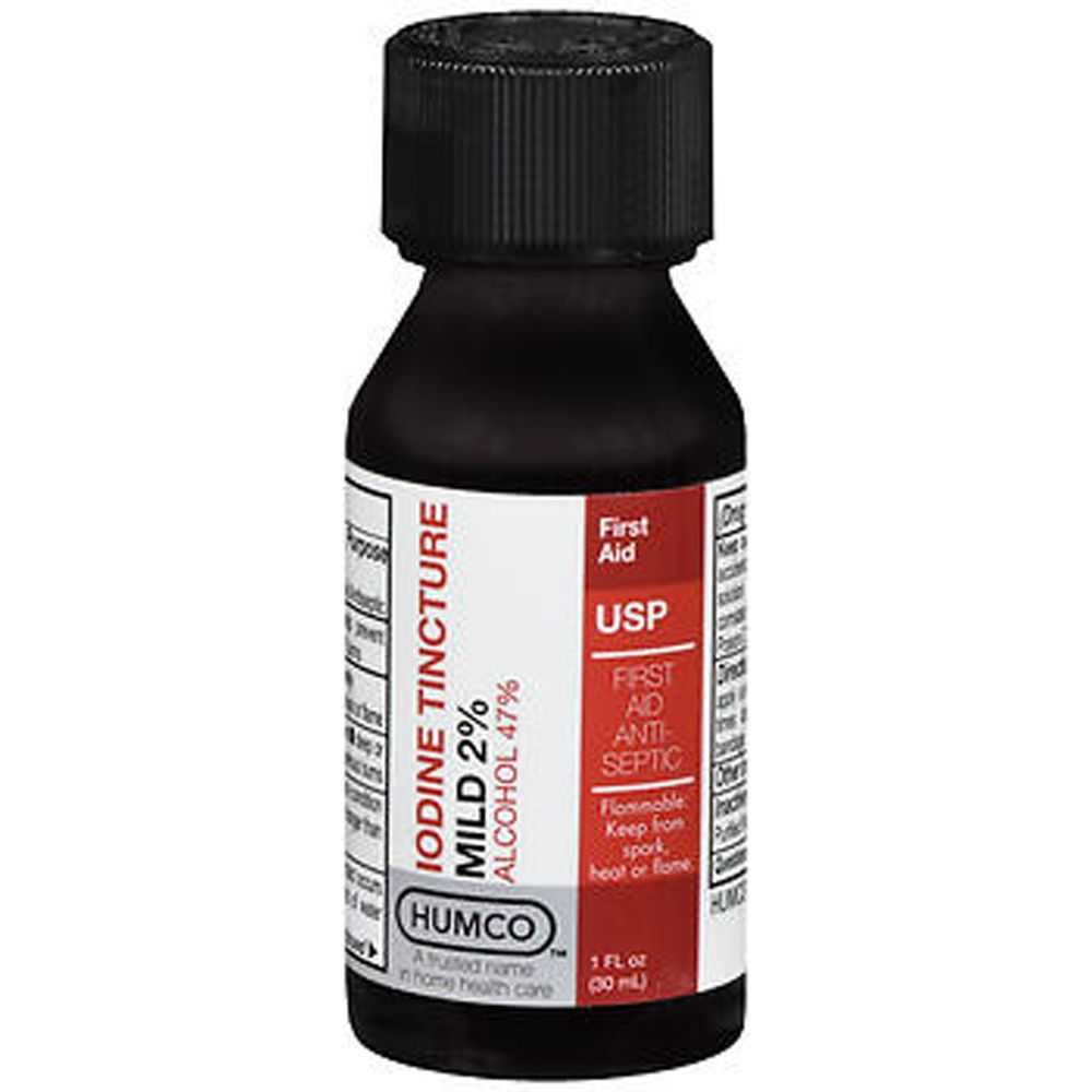 Bottle of Pasteur Pharmacy Iodine Mild 2% Tincture, 1 oz, for first aid wound antiseptic use.
