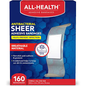 LDR® Sheer adhesive bandages, 3/4" x 3", first aid supplies by Pasteur Pharmacy, showing transparent, skin-tone bandages in a 100-count box.