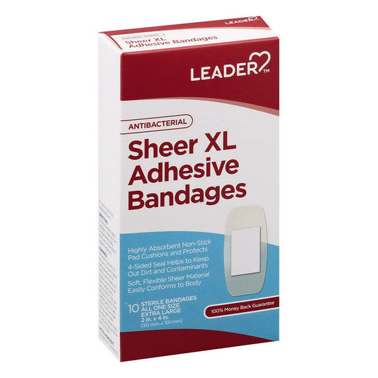Pasteur Pharmacy Leader Adhesive Bandages, antibacterial, sheer, XL size, first aid wound covering on a white background.
