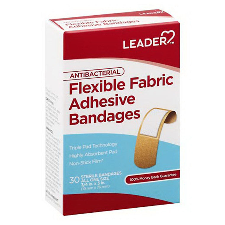 Leader® antibacterial flexible fabric bandages, all one size, for first aid, shown on a first aid kit, by Pasteur Pharmacy.