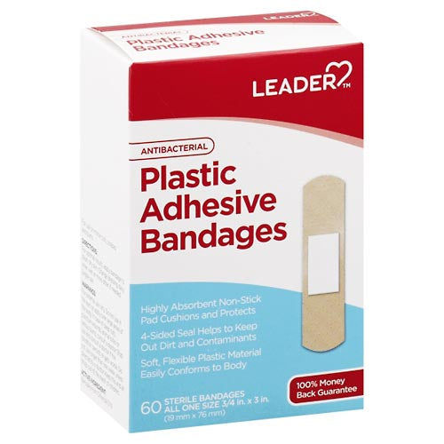 Leader™ antibacterial plastic bandages from Pasteur Pharmacy, 60-count pack, sterile first aid wound covers with adhesive strips.