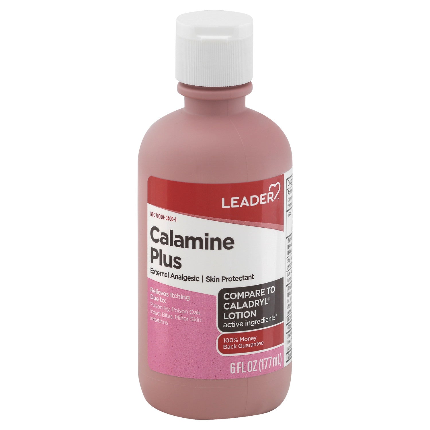 Leader™ Calamine Plus Itch Relief Lotion in a 6 oz bottle, first aid treatment for soothing skin irritation and itching.