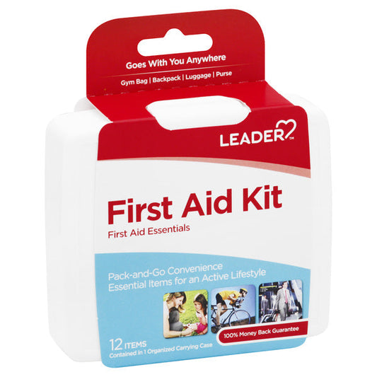 Leader® First Aid Kit 12-piece compact travel size with essential bandages and first aid supplies in a portable kit.