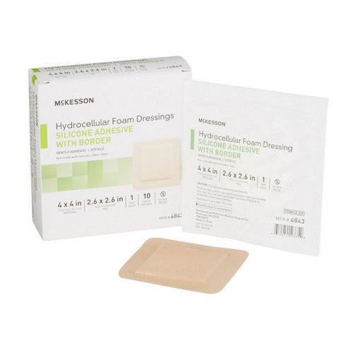 McKesson foam dressing 4x4 inch with border, film backing and silicone gel for wound care in first aid applications.