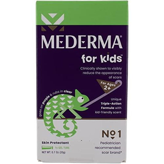 Pasteur Pharmacy Mederma Scar Gel for Kids, 0.70 oz, pediatrician recommended, purple application, clear rub-in, grape scent, kid-friendly.