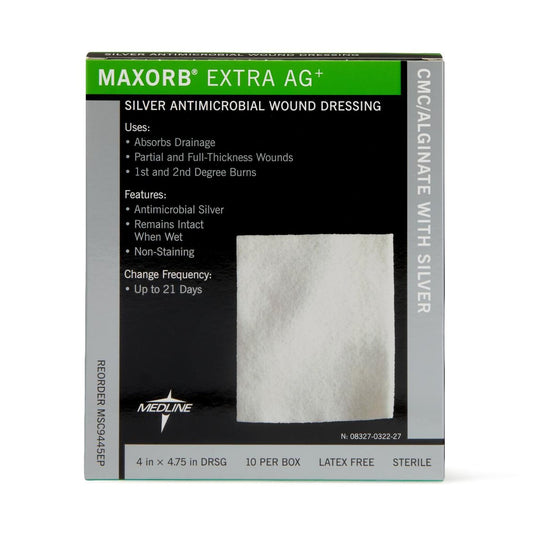 Medline Maxorb Extra Ag+ alginate dressing 4x4 inch for wound care, shown in a box of 10. First aid medical supplies.