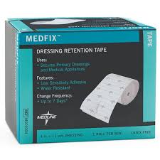Medline MedFix™ retention tape, 4-inch wide, 11-yard length, latex-free, used for securing dressings in first aid applications.