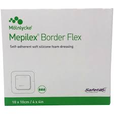 Mepilex Border 4x4 adhesive foam dressing with Safetac technology in a 5-count box for first aid wound care.