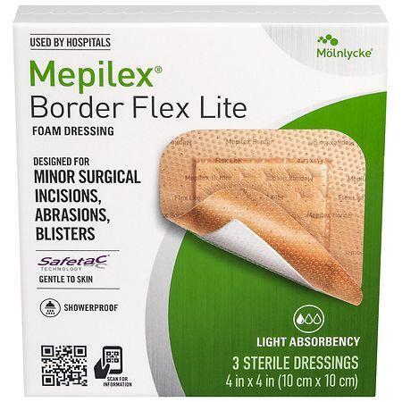 Mepilex Border Flex Lite all-in-one silicone foam adhesive dressing, 4-inch flexible first aid dressing with soft border and adhesive.