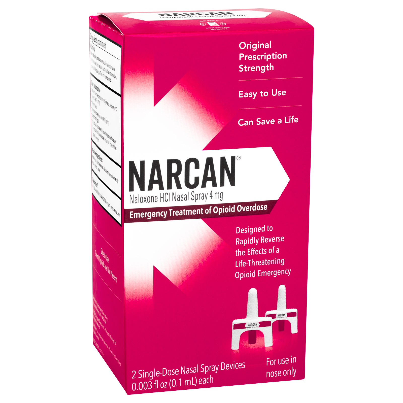 Narcan nasal spray for opioid overdose emergency treatment, first aid kit by Pasteur Pharmacy, with nasal spray device visible.
