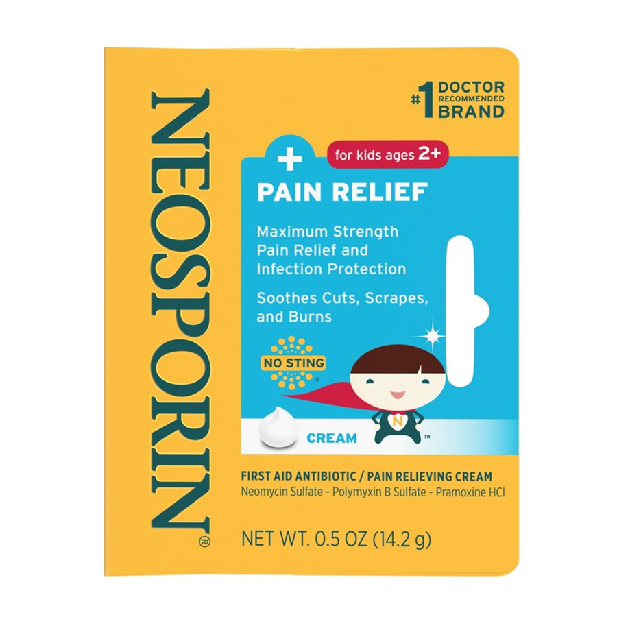 Neosporin First Aid Antibiotic and Pain Relief Cream for Kids, 0.5 oz, in a small tube with a child-friendly label.