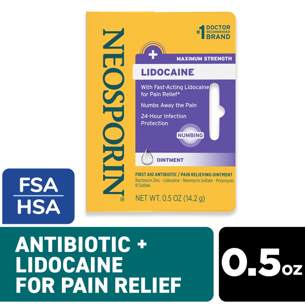 Neosporin Maximum Strength ointment with lidocaine in a 0.5 oz tube, used for first aid wound care, by Pasteur Pharmacy