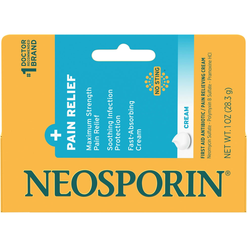 Neosporin Plus Pain Relief antibiotic cream in a 1 oz tube, used for first aid to treat minor cuts and skin infections.