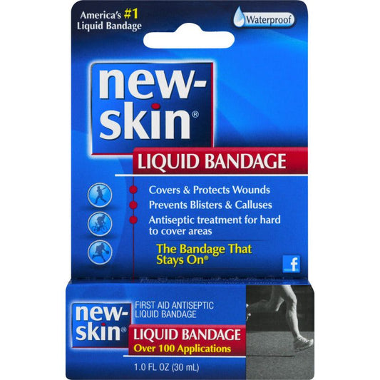 Pasteur Pharmacy New-Skin First Aid Antiseptic Liquid Bandage in 1 oz waterproof bottle, ideal for wound protection and healing.