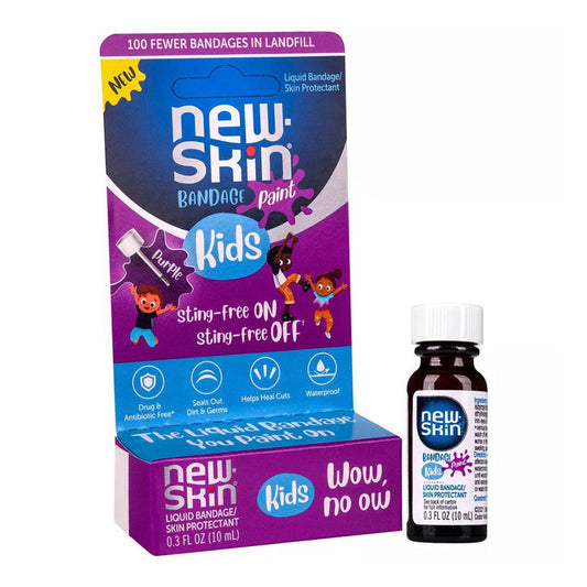 New-Skin Purple Paint waterproof liquid bandage for kids, 0.3 fl oz, in a small bottle, used for first aid wound protection.