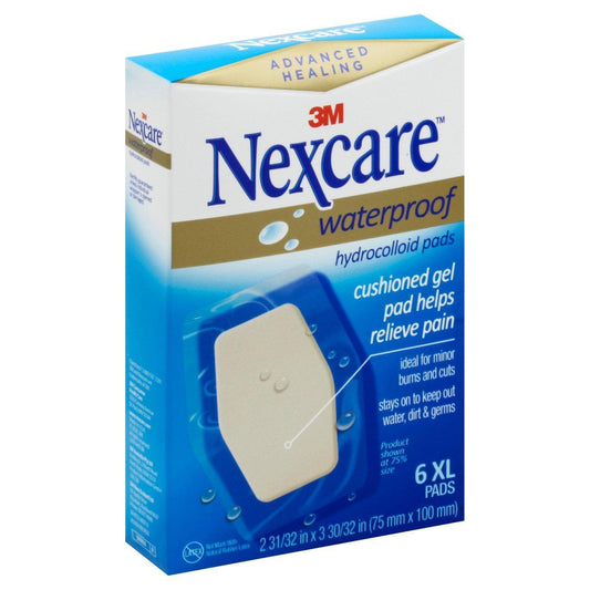 Nexcare Advanced Healing Waterproof Hydrocolloid Pads for first aid, designed to cover and protect minor wounds.