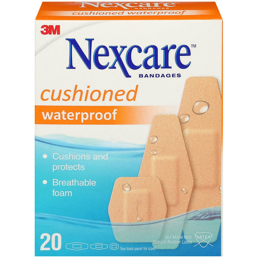 Assorted Nexcare Cushioned Foam Waterproof Bandages for first aid, showing various sizes and shapes on a white background.