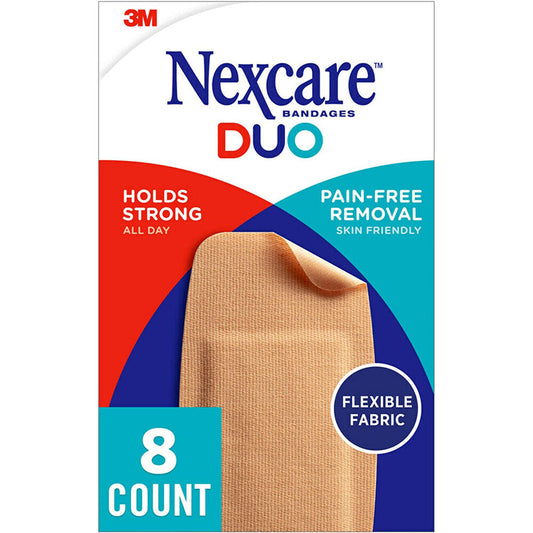 Nexcare Duo knee and elbow bandages in a first aid kit, 8-count pack, designed for wound protection and support.