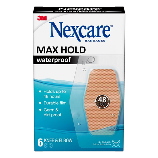 Nexcare Max Hold waterproof bandages for knee and elbow, first aid adhesive bandages by Pasteur Pharmacy, durable and waterproof.