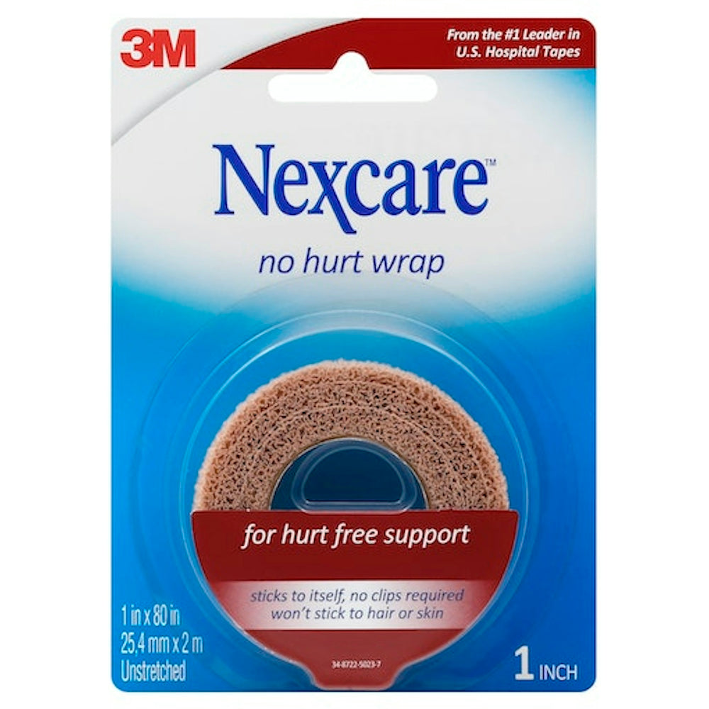 Nexcare No Hurt Wrap in tan, 1 inch by 5 yards, stretched for first aid use, suitable for secure, gentle compression and support.
