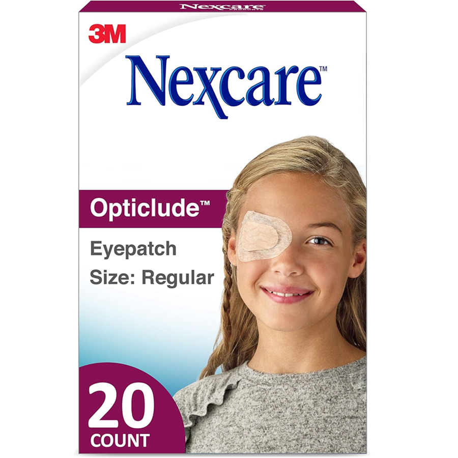 Nexcare Opticlude orthoptic eye patches in regular size, 20-count pack, used for eye treatment and patching therapy.