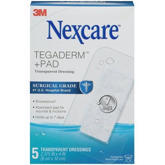Nexcare Tegaderm waterproof dressing, 2.375 x 4 inches, first aid bandages on a sterile backing, 5-pack from Pasteur Pharmacy