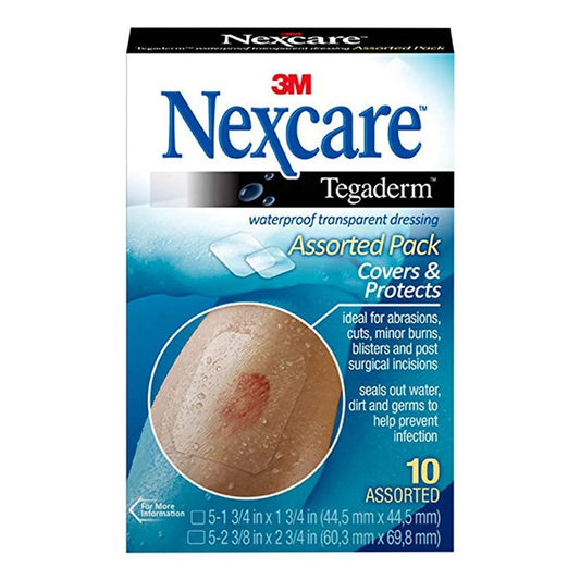 Nexcare Tegaderm waterproof transparent dressing pack with assorted sizes, 10 sterile first aid dressings for wound protection