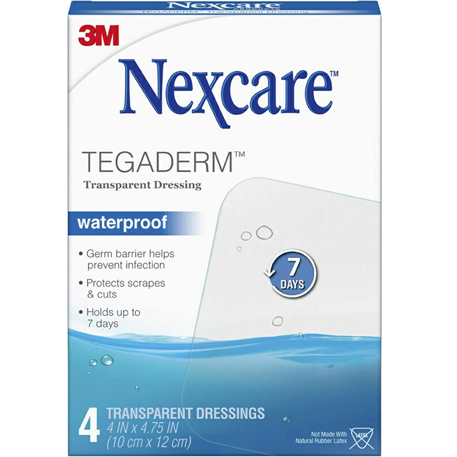 Nexcare Tegaderm waterproof transparent dressing in large size, 4x4.75 inches, four-pack for wound protection and healing.