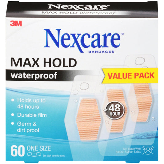 Nexcare Max Hold waterproof bandages in a value pack, first aid supplies with durable, waterproof adhesive for wound care.