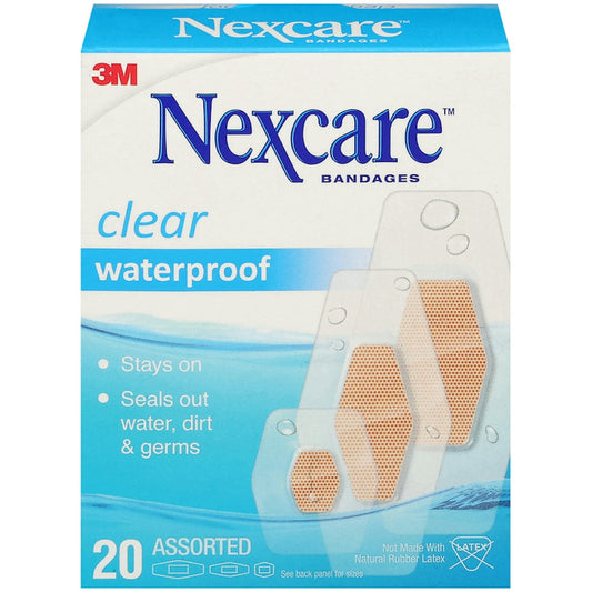 Nexcare waterproof clear bandages from Pasteur Pharmacy, breathable and assorted sizes, 20-pack for first aid wound care.