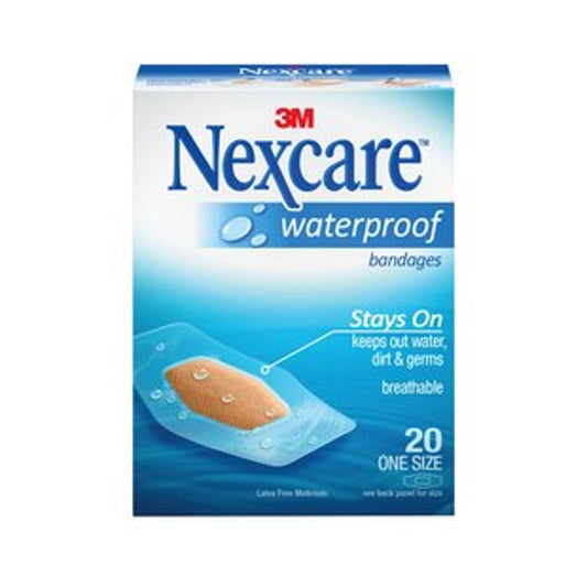 Nexcare waterproof clear bandages by Pasteur Pharmacy, one size, 20 count, shown on a clean skin surface in a first aid setting.