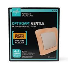 Optifoam Gentle DS Silicone Foam Dressing 4x4 inch for first aid, shown in a 10-count package, by Pasteur Pharmacy.