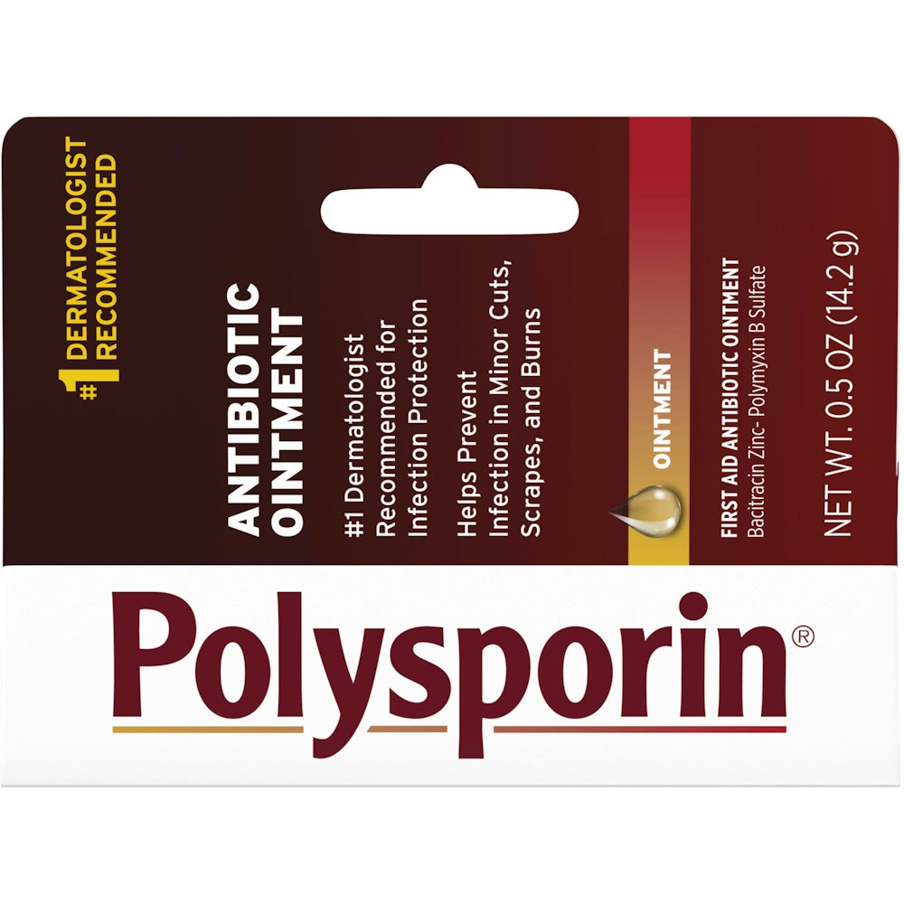 Polysporin antibiotic ointment tube for first aid, 0.5 oz, used to treat minor cuts and skin infections.
