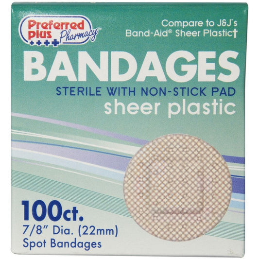 Sterile sheer plastic spot bandages by Pasteur Pharmacy for minor cuts and wounds in a first aid kit.
