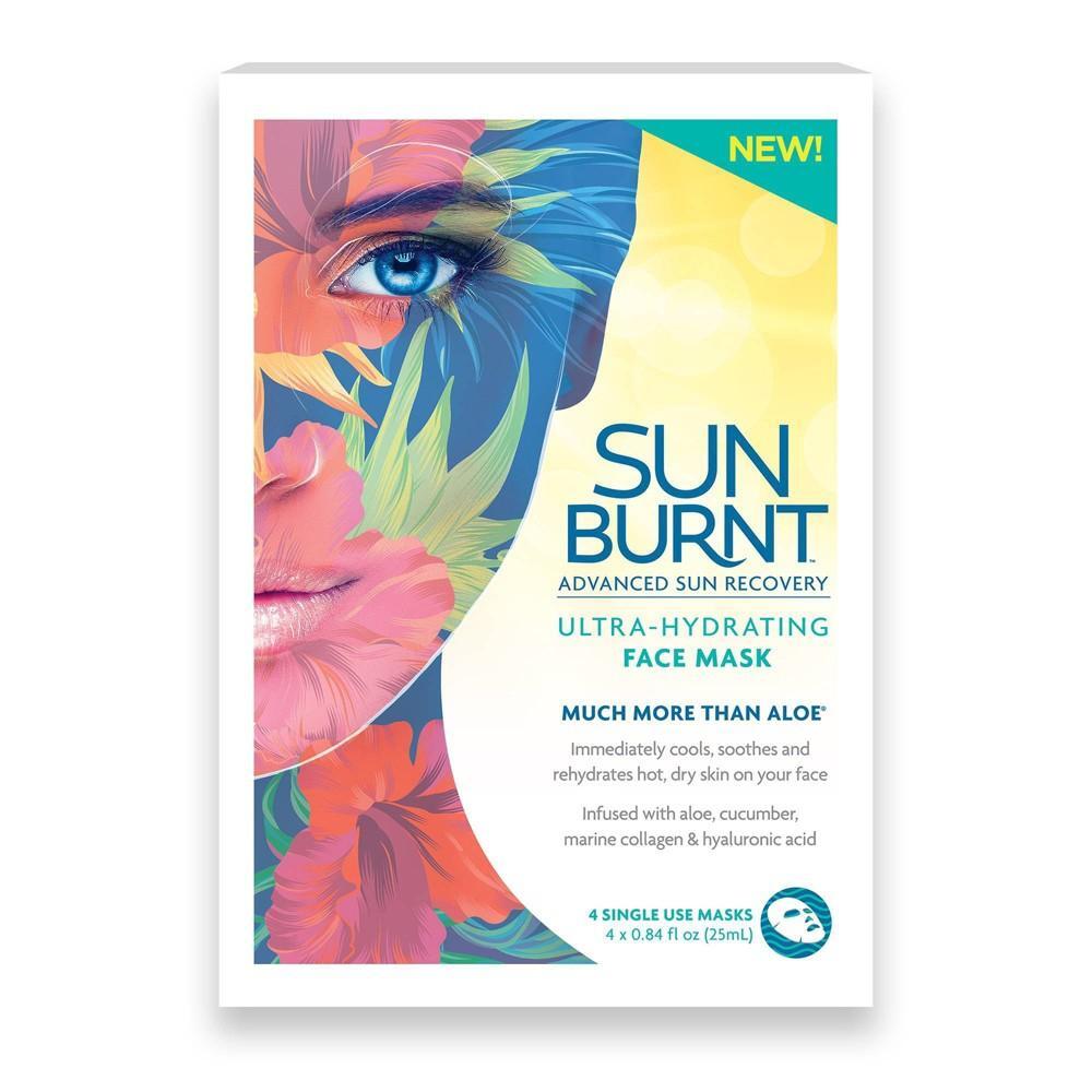 Four SunBurnt Ultra-Hydrating Face Masks by Pasteur Pharmacy, soothing first aid skincare for sunburn relief, 0.84 fl oz each.