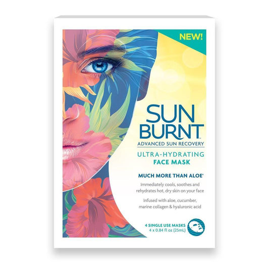 Four SunBurnt Ultra-Hydrating Face Masks by Pasteur Pharmacy, soothing first aid skincare for sunburn relief, 0.84 fl oz each.