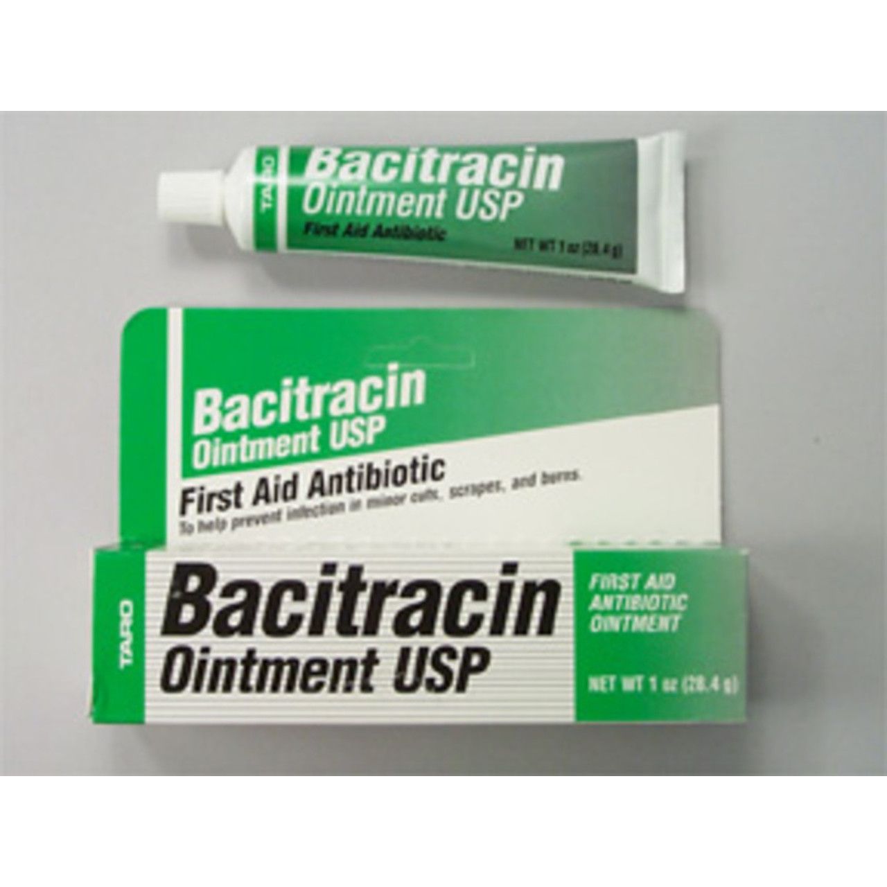 Taro Bacitracin Zinc 500 Un/gm ointment in a 0.5 oz tube, used for first aid wound care, by Pasteur Pharmacy