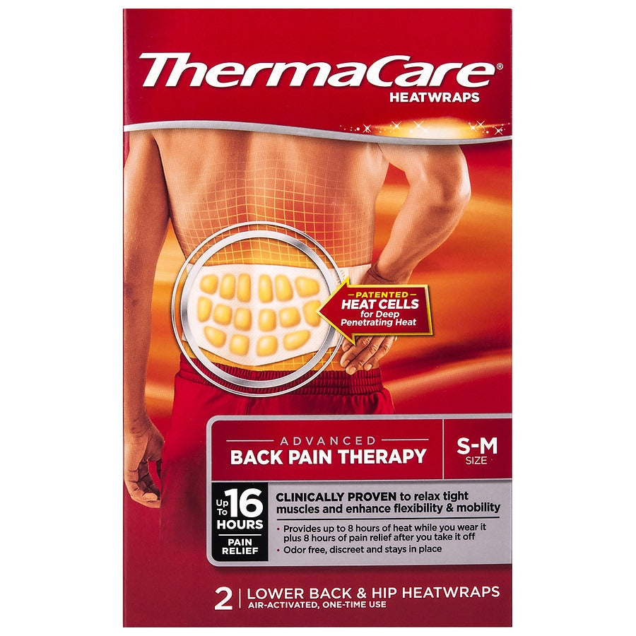 ThermaCare Advanced Back Pain Therapy heat wraps in S-M size, 2-count box, designed for targeted back pain relief.